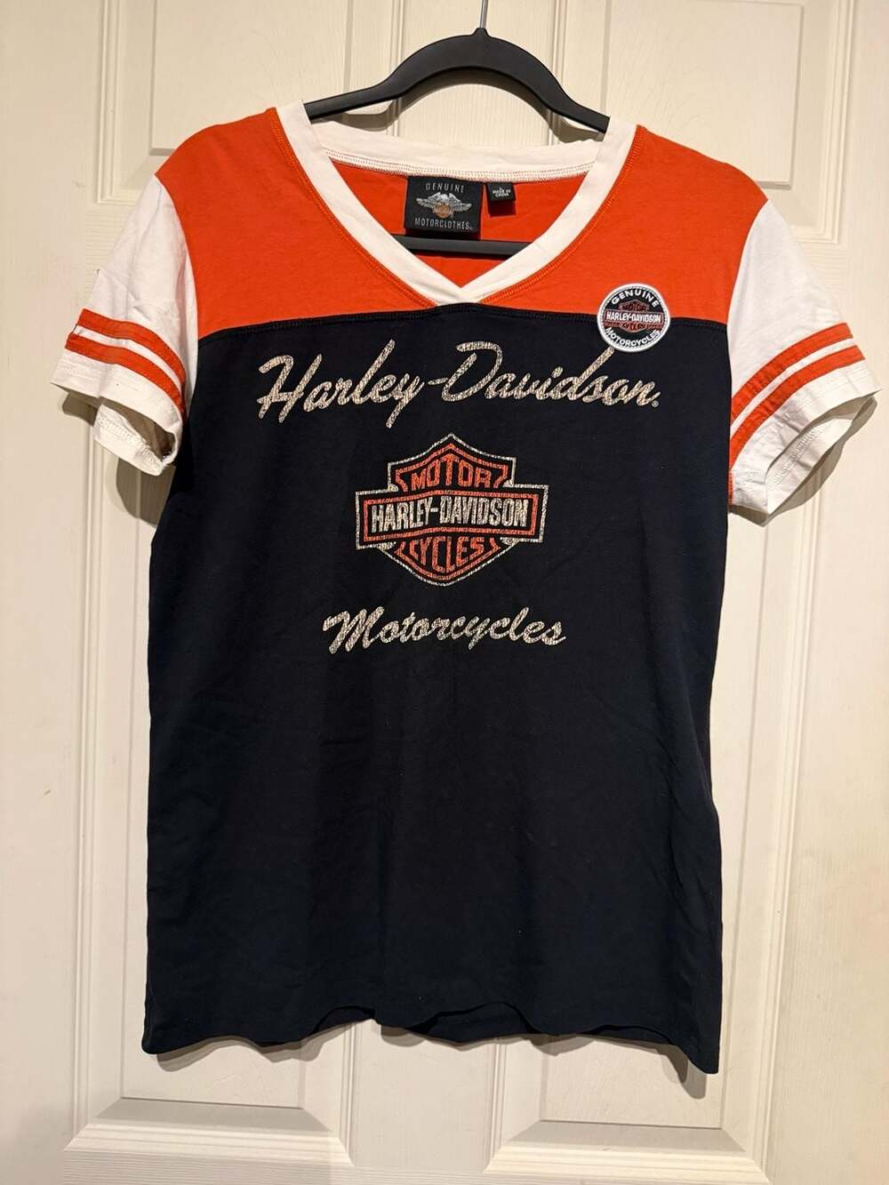 Harley-Davidson V-Neck T-Shirt Size L Black Orange White Motorclothes